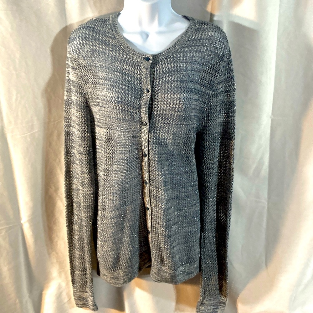 17-11 LOFT OULET blue silver open knit long sleeve cardigan sweater XL